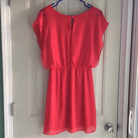 Fun, summery short sleeve coral dress with elastic waist. - Picture 2 of 4